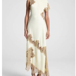 Asymmetrical Cream and Tan Lace Dress